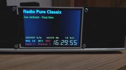 ESP32 screen displaying radio stream info and active MP3 recording indicator