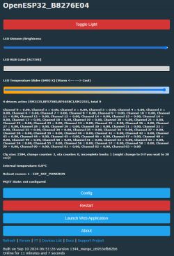 OpenESP32 user interface with LED lighting settings.