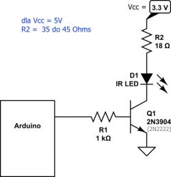 Schemat obwodu z diodą IR i tranzystorem do sterowania z Arduino