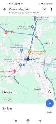 Zrzut ekranu z Google Maps z zaznaczoną trasą o długości 3,4 km.