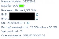 Zrzut ekranu z danymi telefonu Motorola E32S zawierający informacje o modelu, baterii, procesorze i wersji systemu.