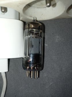Lampa elektronowa w obudowie szklanej z widocznymi pinami i elektrodami na tle gniazdka.