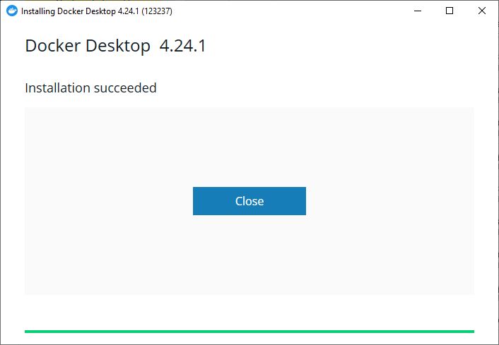 Successful Installation of Docker Desktop 4.24.1 Screenshot showing a successful installation message for Docker Desktop version 4.24.1.