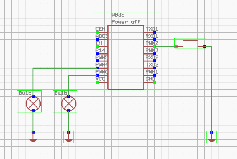 Circuit Diagram with WB3S Module Circuit diagram using a WB3S module connected to two bulbs.