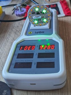 LED board with green diodes on a power meter.