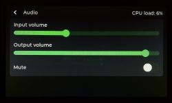 Audio-Einstellungsbildschirm auf STM32F746G-DISCO Touchscreen mit Audio-Lautstärkeeinstellungen und 6% CPU-Auslastung.