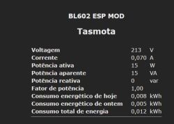 Tasmota dashboard showing voltage, current, and energy consumption data