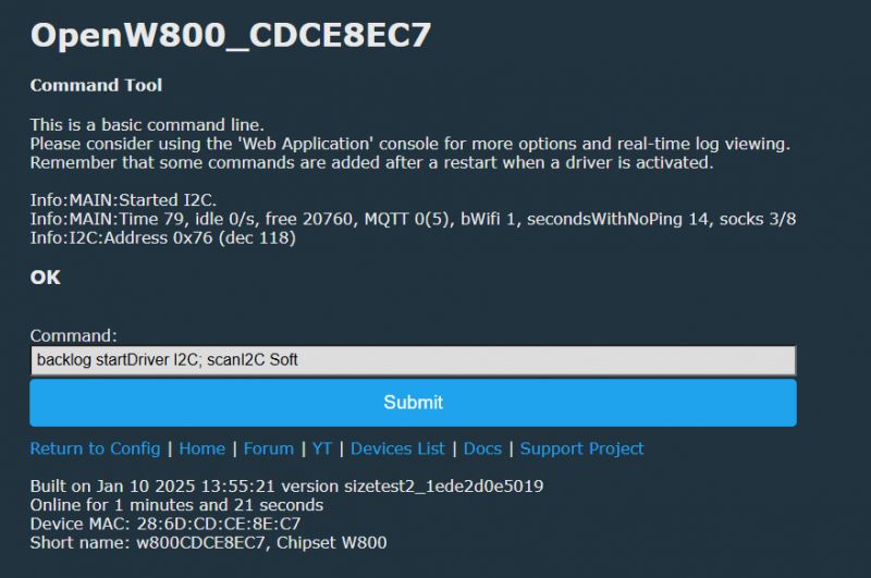 OpenW800 command tool interface displaying I2C status.