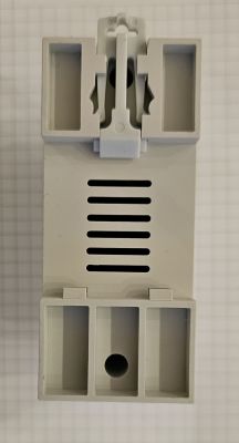 Plastic DIN rail module housing with vents and mounting clip