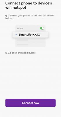 Ekran aplikacji z instrukcją połączenia telefonu z hotspotem Wi-Fi urządzenia, pokazując wybór sieci SmartLife-XXXX.