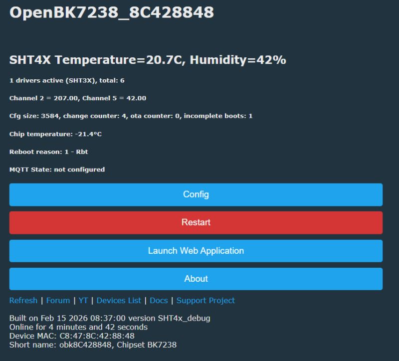 Screenshot of OpenBK status page showing SHT4X: 20.7°C, 42% humidity, with Config and Restart buttons