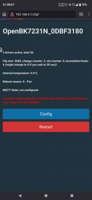 OpenBK7231N Interface in Safe Mode OpenBK7231N user interface in safe mode with red error message.