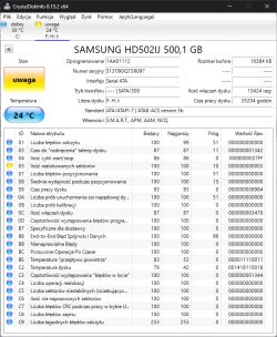 Zrzut ekranu z programu CrystalDiskInfo pokazujący stan dysku twardego Samsung HD502IJ o pojemności 500,1 GB z ostrzeżeniem o błędach.