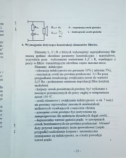Strona broszury technicznej z opisem wymagań konstrukcyjnych filtrów i schematem obwodu