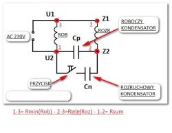 Schemat elektryczny silnika z uzwojeniami roboczymi i rozruchowymi oraz kondensatorami