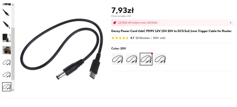 Czarny kabel z wtykiem USB-C z jednej strony i standardowym wtykiem DC 5,5x2,1 mm z drugiej, przedstawiony na białym tle obok opisu produktu.