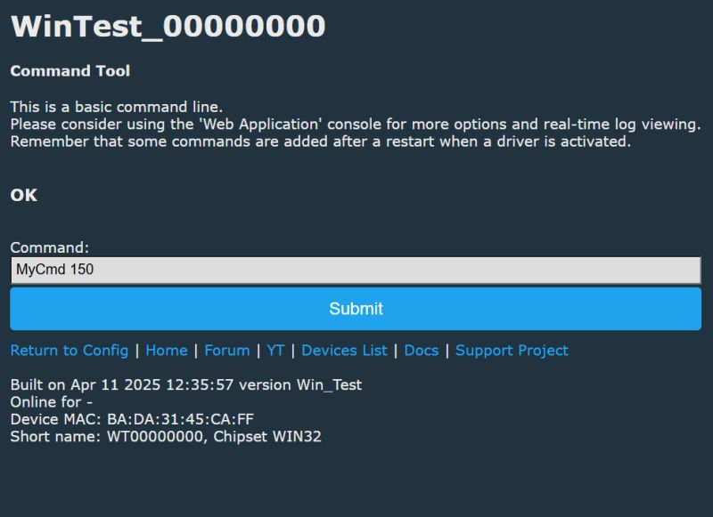 OBK Simulator Command Tool Interface Screenshot of the OBK Simulator command tool interface showing a text box with the command MyCmd 150 and a Submit button.