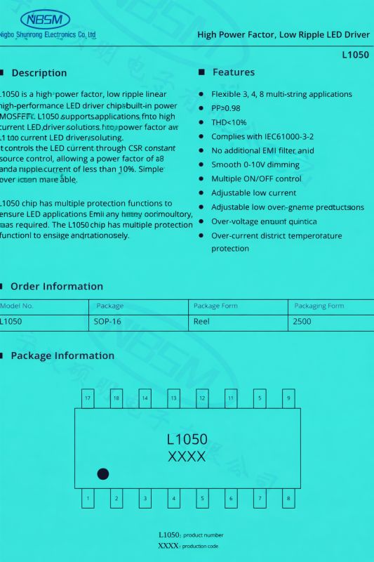 L1050 LED driver datasheet with text errors and pinout diagram