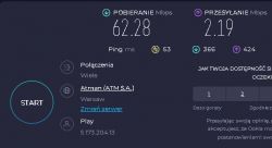 Zrzut ekranu z testem szybkości internetu z wynikami pobierania 62.28 Mbps i przesyłania 2.19 Mbps.
