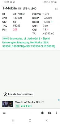 Ekran aplikacji NetMonster pokazujący informacje o połączeniu T-Mobile 4G LTE-A na paśmie 1800 MHz na urządzeniu Samsung S9+.