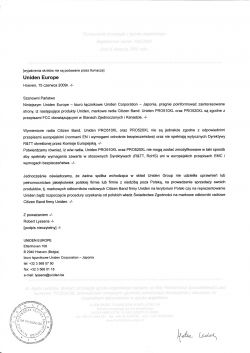 Tłumaczenie oświadczenia Uniden Europe w sprawie zgodności z normami europejskimi.