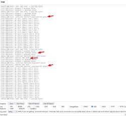 Screenshot of debug logs with red arrows highlighting “received cmd” lines and “unknown cmd 0x0E”.