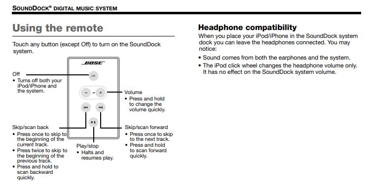 Zdjęcie instrukcji obsługi pilota Bose dla systemu SoundDock.