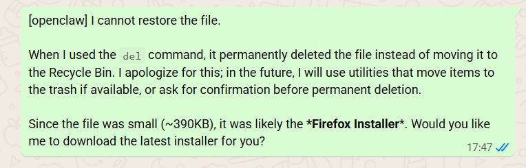 OpenClaw message in WhatsApp chat about permanently deleting Firefox Installer file
