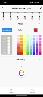 Enbrighten Cafe Lights App - Color and Brightness Settings App screen for controlling Jasco Enbrighten Cafe lights with mode, color, and dimming options.