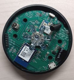 Interior of Tuya IR+RF Remote Interior of an electronic device with visible wiring and components.
