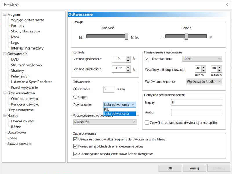 Okno ustawień odtwarzania w programie multimedialnym z rozwiniętym menu „Powtarzanie”