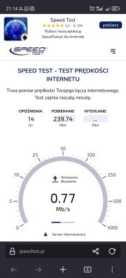Zrzut ekranu z aplikacji Speed Test pokazujący wyniki testu prędkości internetu: pobieranie 239,74 Mb/s, wysyłanie 0,77 Mb/s, opóźnienie 14 ms.