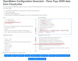 Screenshot showing the OpenBeken Configuration Generator tool for generating configurations from Tuya JSON data.
