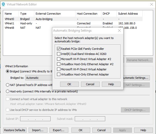 VMware Virtual Network Editor window with automatic bridging settings open