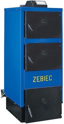 Niebieski piec na paliwo stałe z trzema czarnymi drzwiczkami i napisem „ZĘBIEC”