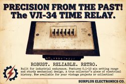 Retro ad for VJI-34 time relay with product photo, bold title and description text