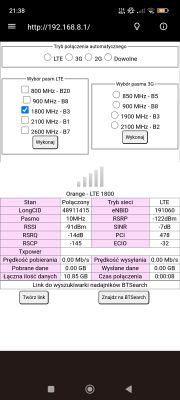 Zrzut ekranu interfejsu routera, pokazujący ustawienia wyboru pasm LTE, tryb połączenia i szczegóły techniczne połączenia sieci Orange LTE 1800.