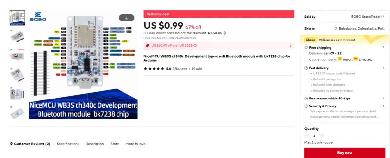 NiceMCU WB3S Development Board with BK7238 Module NiceMCU WB3S development board with BK7238 Bluetooth module, displayed on an online store page.
