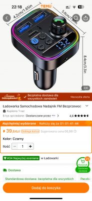 Samochodowy transmiter FM Bluetooth z wyświetlaczem i portami USB