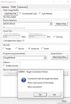 Błąd komunikacji przy programowaniu układu Coldfire V1 MCF51JM128 za pomocą USBDM