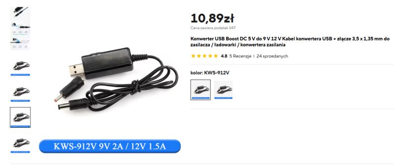 USB Boost converter DC 5V to 12V with DC plug, model KWS-912V, displayed on a white background beside product description and price.