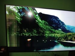 Telewizor przedstawia górski krajobraz z lasem i jeziorem, z widocznymi pionowymi smugami na ekranie.