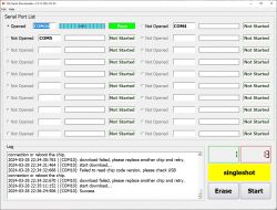 Screenshot of the LN Serial Downloader program showing serial ports and log history.