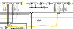 A section of an electronic schematic with yellow-marked connections between connectors P354A and P801B.