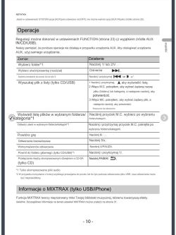 Strona instrukcji obsługi radia samochodowego z tabelą opisującą operacje odtwarzania muzyki.