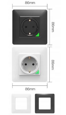 Schuko Wall Sockets SWP86-01OG in Black and White with Frames Two schuko-type electrical wall sockets, black and white, each with a matching frame, both measuring 86x86 mm.