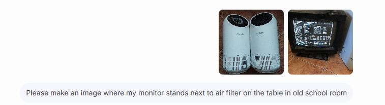 Two photos: two upright air purifiers and an old CRT monitor displaying white text.