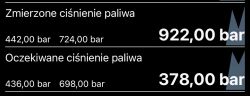 Zrzut ekranu prezentujący zmierzone i oczekiwane ciśnienie paliwa w barach z dużą rozbieżnością wartości.