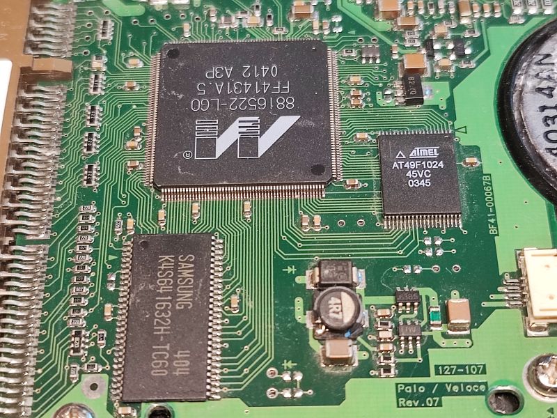 Close-up of Hard Drive Electronics with Integrated Circuits Close-up of a hard drive PCB with visible integrated circuits.