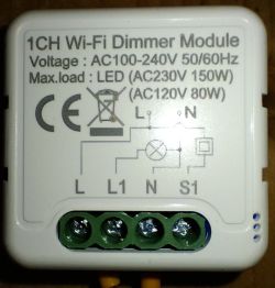 Wi-Fi dimmer module with voltage specs and wiring diagram